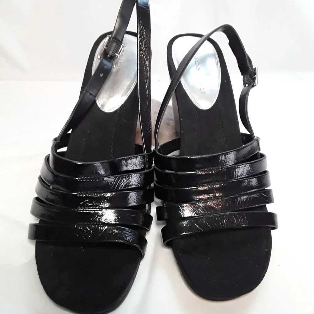BANDOLINO Black Patent Leather Sling Back Platform Wedge Sandals SZ 8 - NWOB